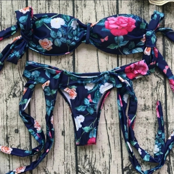 New Blue Floeal Sexy Off Shoulder Self Tie Brazilian Two Piece Swimsuit - Picture 2 of 7